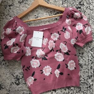 Willow & Wind Puff Sleeve Cropped Sweater Square Neck Wmns S Rose Western Chic